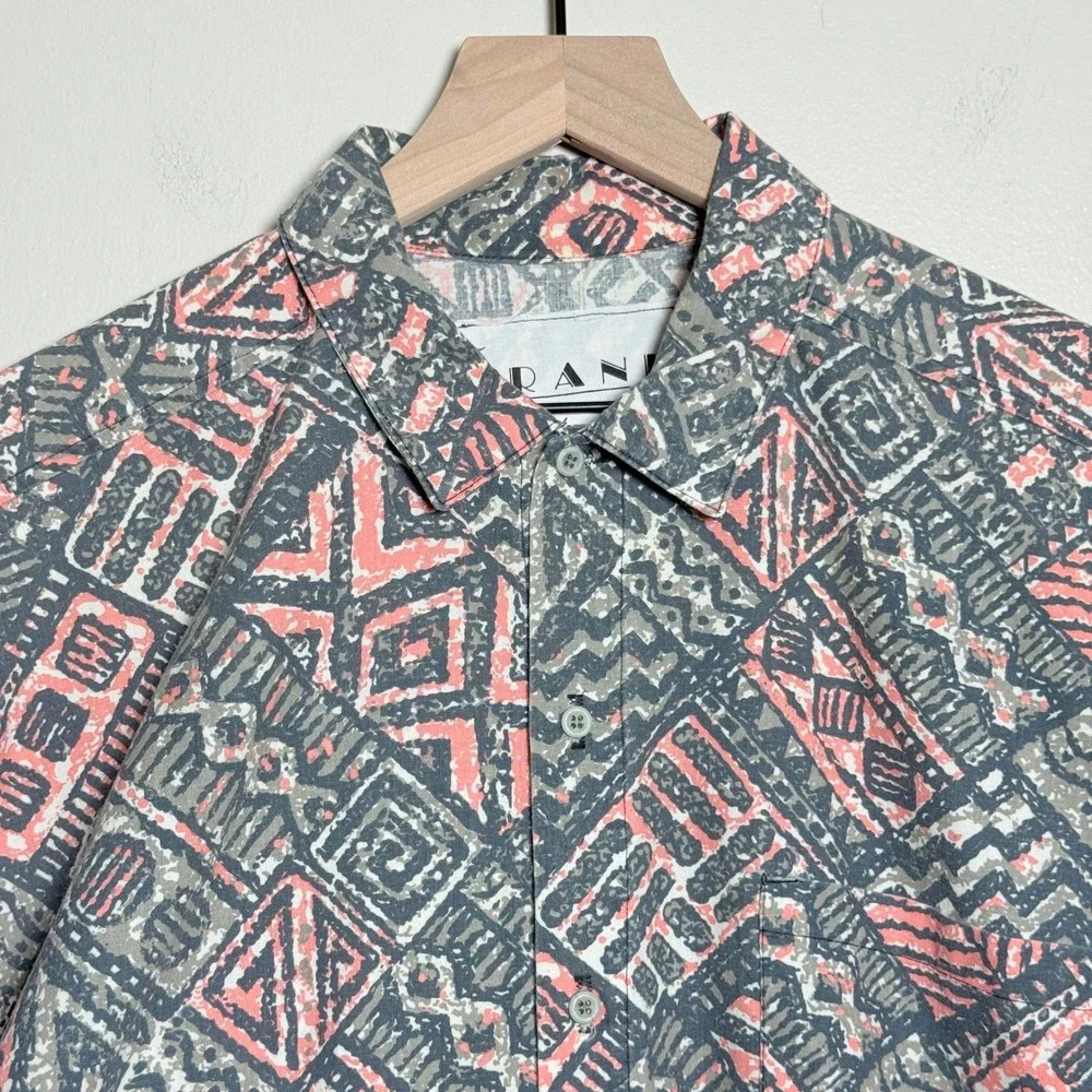 Frank VTG Mens Button Up Shirt M Gray Pink Geometric Tribal 90s‎ Streetwear